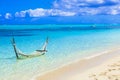 Tropical relaxing holidays - hammock in turquoise water in Maldive islands. Royalty Free Stock Photo