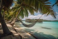 tropical resort, with hammocks and swings suspended between palm trees, surrounded by turquoise waters Royalty Free Stock Photo