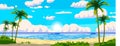 Tropical resort landscape panorama. Sea shore beach, exotic palms, coastline, clouds, sky, summer vacation. Vector