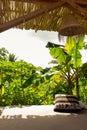 Tropical resort with lounge place with pillows. Holiday villa with garden and comfortable patio. Empty exotic resort. Royalty Free Stock Photo