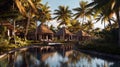 Tropical resort oasis with thatched huts and palm trees at sunset Royalty Free Stock Photo