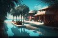 tropical resort with palm trees and swimming pool, digital painting style