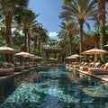 Tropical resort pool area with cabanas and a swim-up bar