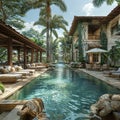 Tropical resort pool area with cabanas and a swim-up bar Royalty Free Stock Photo