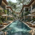 Tropical resort pool area with cabanas and a swim-up bar Royalty Free Stock Photo