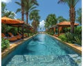 Tropical resort pool area with cabanas and a swim-up bar Royalty Free Stock Photo