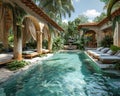 Tropical resort pool area with cabanas and a swim-up bar Royalty Free Stock Photo