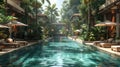 Tropical resort pool area with cabanas and a swim-up bar3D render