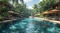 Tropical resort pool area with cabanas and a swim-up bar3D render