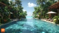 Tropical resort pool area with cabanas and a swim-up bar3D render