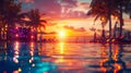 Tropical Resort Pool at Sunset. Generative ai Royalty Free Stock Photo