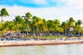 Tropical resort. Sun loungers under umbrellas with people on the sandy beach with palms by the sea and sky. Vacation background.