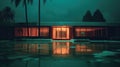 Tropical resort after unexpected storm, during nighttime. Flooded hotel with puddles of frozen water around. Generative AI