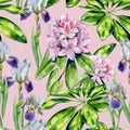 Tropical rhododendron flowers and iris pattern Royalty Free Stock Photo