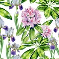 Tropical rhododendron flowers and iris pattern Royalty Free Stock Photo