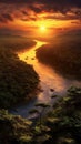 Tropical river flow through the jungle forest at sunset or sunrise