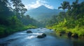 Tropical river flowing, mountain sunrise, lush jungle Royalty Free Stock Photo