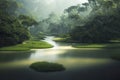 A Tropical River in the Jungle with Picturesque and Tranquil Body of Water Winding its Way through the Dense Rainforest. Lush and