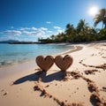 Tropical romance Sand hosts handwritten hearts against a serene beach background