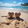 Tropical romance Sand hosts handwritten hearts against a serene beach background