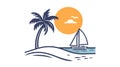 Tropical Vacation Palm Tree, Sailboat and Sunset over Ocean Royalty Free Stock Photo