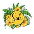 Tropical sale poster with hibiscus and exotic palm leaves. Template design.