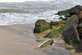 Tropical Sand beach cliff and mosses background with long sand beach blue ocean and sky horizon india kerala varkala Royalty Free Stock Photo