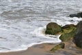 Tropical Sand beach cliff and mosses background with long sand beach blue ocean and sky horizon india kerala varkala Royalty Free Stock Photo