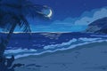 Tropical sand beach panoramic view with palm trees and rocks on the seashore. Seascape night view cartoon flat vector Royalty Free Stock Photo