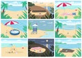 Tropical sand beach and sea flat color vector illustrations set Royalty Free Stock Photo