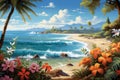 Tropical sandy beach with big blue waves and exotic flowers. Paradise coast with palm trees