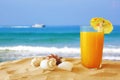 Tropical sandy beach, fruit cocktail and seashells Royalty Free Stock Photo