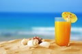 Tropical sandy beach, fruit cocktail and seashells Royalty Free Stock Photo