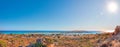 Tropical sandy beach with turquoise water, in Elafonisi, Crete, Greece. Elafonissi beach with pink sand. Royalty Free Stock Photo