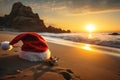 Tropical Santa beach hat on sand. Generate Ai Royalty Free Stock Photo