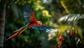 Vibrant tropical scene featuring a majestic parrot soaring through the air