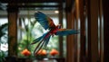 Tropical scene with a majestic parrot soaring. Tropical wildlife