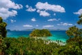 Tropical scenery of bacuit archipelago with palm trees, island and blue lagoon. El Nido, Palawan, Philippines Royalty Free Stock Photo