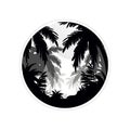 Tropical scenery with palm trees, monochrome landscape in geometric round shape design vector Illustration on a white