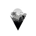 Tropical scenery with palm trees, mountains and sun, monochrome landscape in geometric shape design vector Illustration