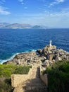 Tropical scenery with a staircase leading to the Kolocep Lighthouse on a summer day in Croatia Royalty Free Stock Photo