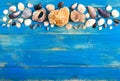 Tropical sea background. Different shells on the blue boards, top view. Free space for inscriptions. Summer theme Royalty Free Stock Photo