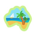 Tropical sea beach with palm tree and sailboat in waves, abstract travel sticker Royalty Free Stock Photo