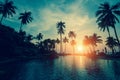 Tropical sea beach with silhouetted palm trees during sunset. Nature.