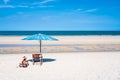 Tropical sea and beach with umbrella and deck chair wiht blue sky.Thai summer Royalty Free Stock Photo