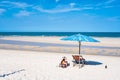 Tropical sea and beach with umbrella and deck chair wiht blue sky.Thai summer Royalty Free Stock Photo