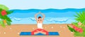 Tropical sea beach for yoga relax, vector illustration, flat young girl character sitting in meditation healthy pose at Royalty Free Stock Photo