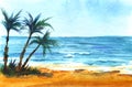Tropical sea coast. Azure sea, blue sky. Bright sand. Three dark silhouettes of a palm tree. Royalty Free Stock Photo