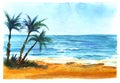 Tropical sea coast. Azure sea, blue sky. Bright sand. Three dark silhouettes of a palm tree.