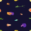 Tropical sea fishes, seamless pattern. Endless exotic marine background. Cute underwater aquarium species. Ocean fauna